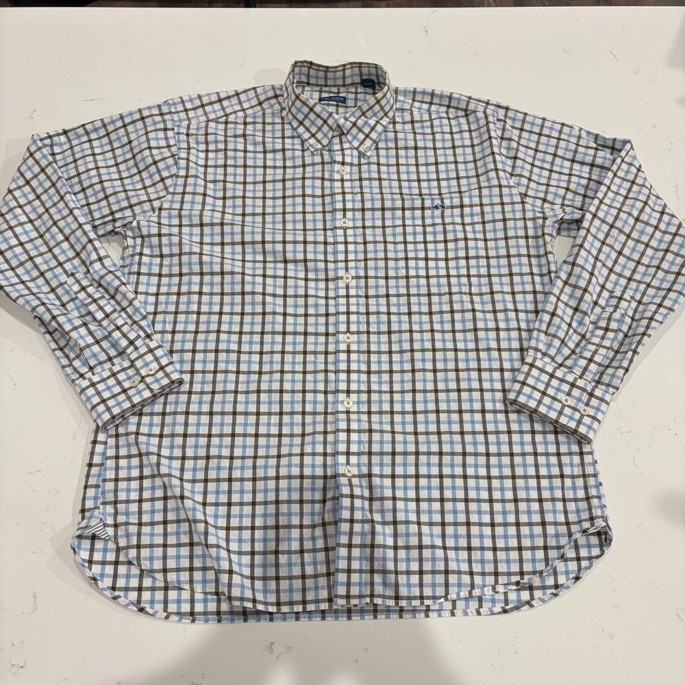 Fish Hippie Mens XL Tailored Fit Button Down Shirt Blue Brown Check Long Sleeve